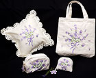 Collection in English Lavender design : cushion, handled bag, jewellery bag and cosmetics bag