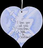 "I Love You..." Blue Sea Hanging Heart Plaque in Scottish Hearts design