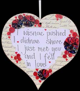 "I wisnae pushed..." Tartan Hanging Heart Plaque